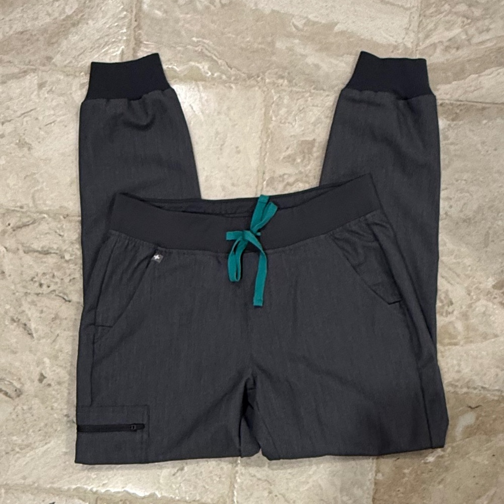 Figs Women's Charcoal Gray Track Joggers with Teal Drawstring